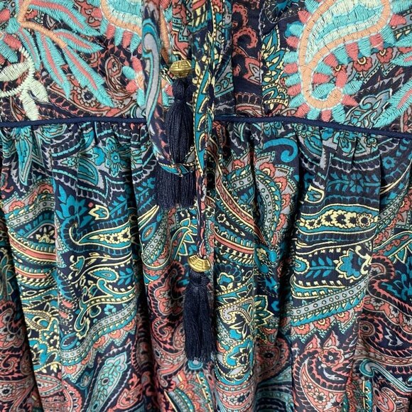 Raga Mystic Garden Paisley Peplum Swing Blouse Tassel Tie Neck Womens Size Small - Picture 4 of 8